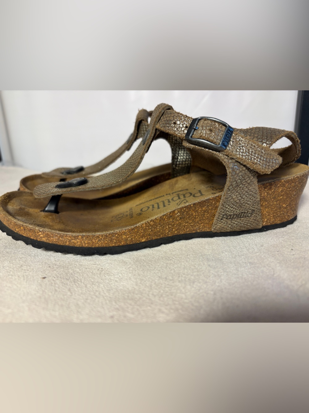 Papillio Metallic Taupe Snake-Embossed Cork Sandal